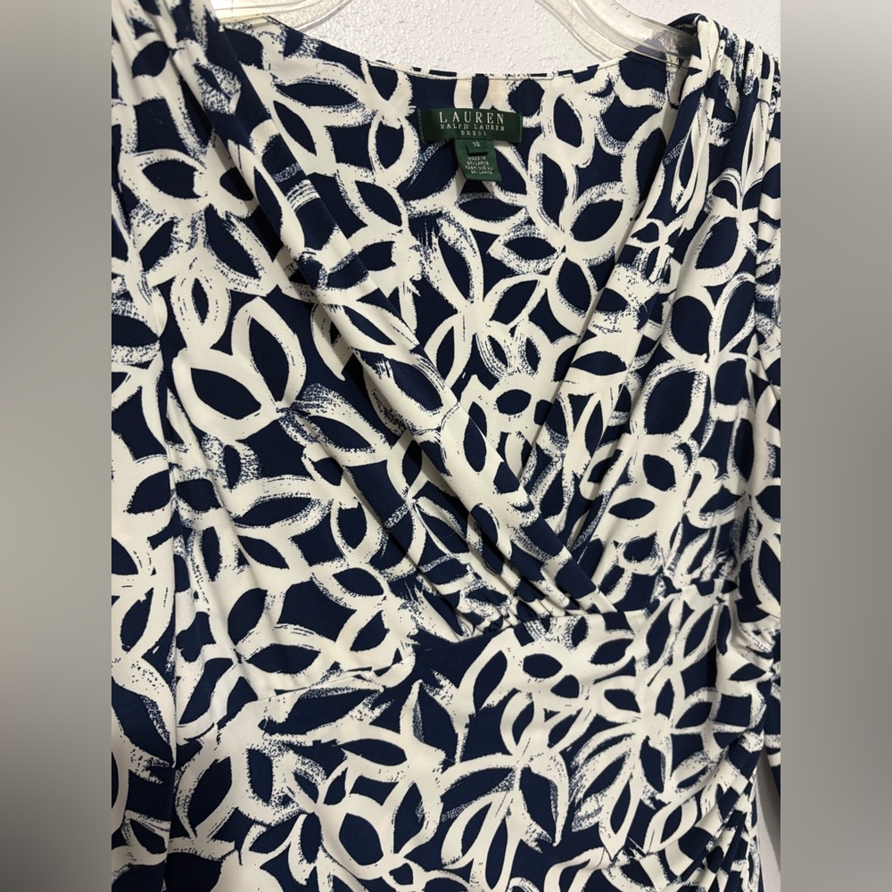 Lauren Ralph Lauren Navy and Cream/White Elsie Faux Mock Wrap 3/4 Sleeve Dress - Picture 3 of 9